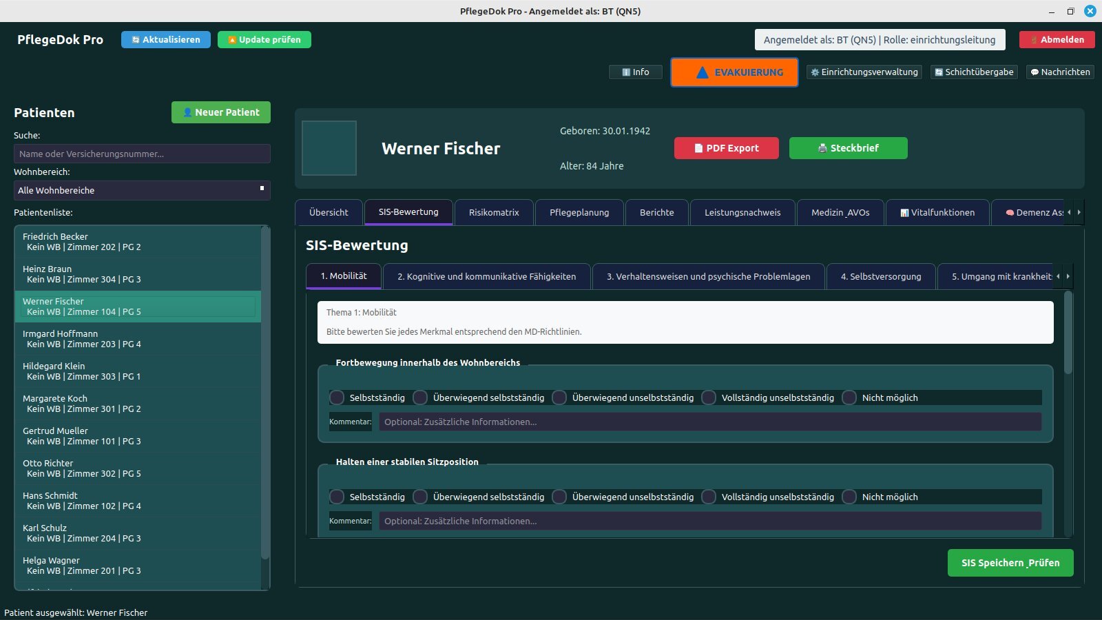 PflegeDoku Pro auf Linux Mint Cinnamon — SIS-Bewertung mit Patientenliste, Wohnbereichsübersicht und ABEDL-Themenstruktur
