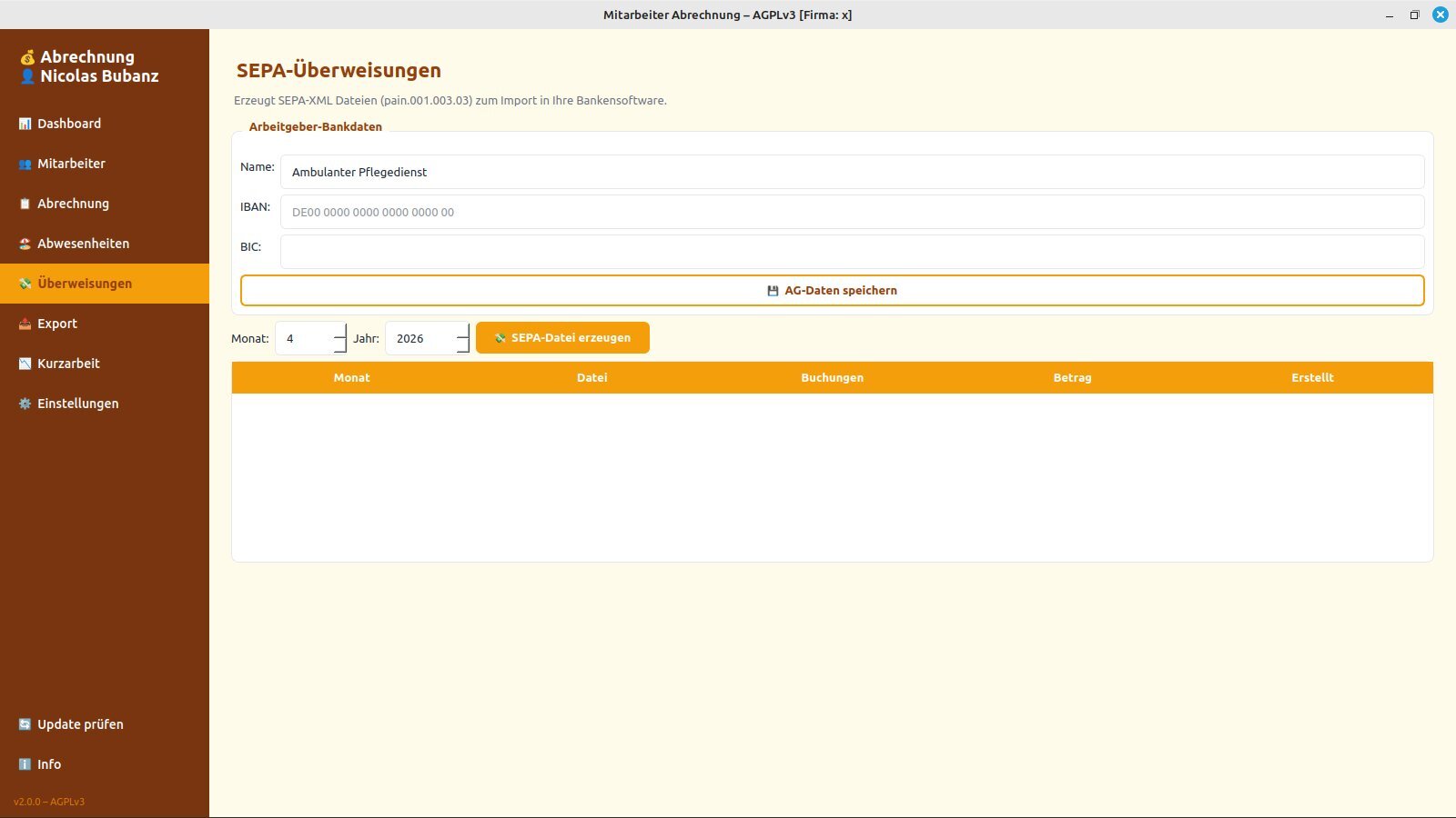 Mitarbeiter-Abrechnung mit SEPA-XML-Erzeugung nach pain.001.003.03